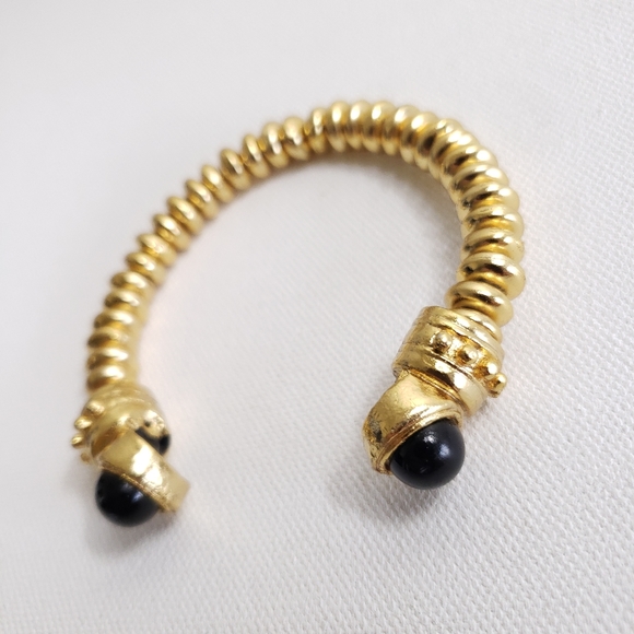 Chunky Vintage Yellow Goldtone Disc Cuff Bracelet w Black Glass Cabochons - Picture 15 of 16